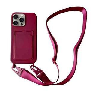 For iPhone 16 Pro Max Card Slot Liquid Silicone Phone Case with Lanyard(Wine Red)