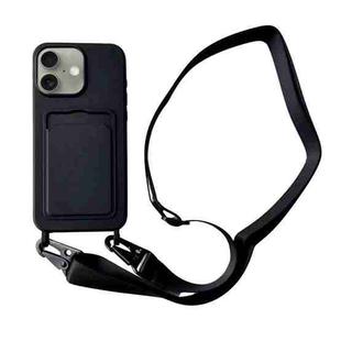 For iPhone 16 Plus Card Slot Liquid Silicone Phone Case with Lanyard(Black)