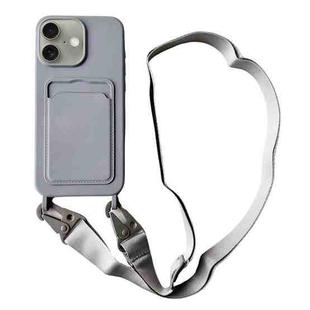 For iPhone 16 Plus Card Slot Liquid Silicone Phone Case with Lanyard(Grey)