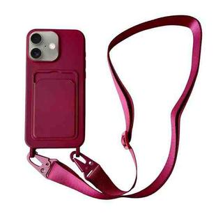 For iPhone 16 Plus Card Slot Liquid Silicone Phone Case with Lanyard(Wine Red)