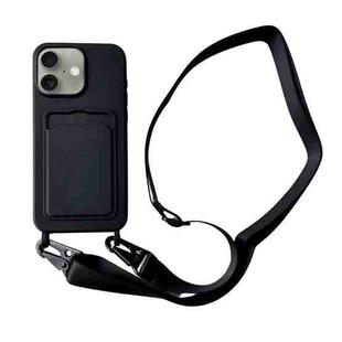 For iPhone 16 Card Slot Liquid Silicone Phone Case with Lanyard(Black)