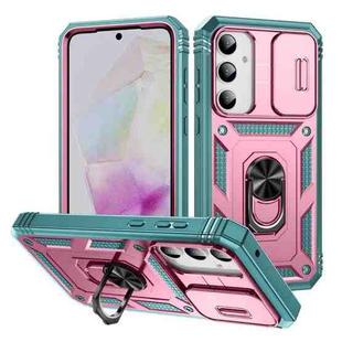 For Samsung Galaxy A35 5G Sliding Camshield TPU + PC Phone Case with Holder(Pink+Green)