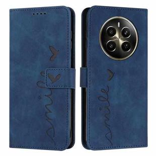 For Realme 12+ Skin Feel Heart Embossed Leather Phone Case with Long Lanyard(Blue)