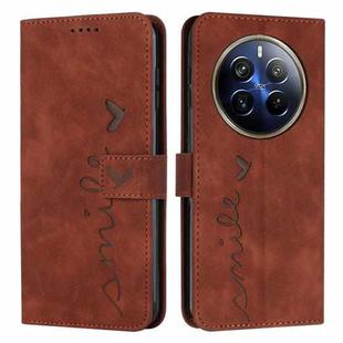 For Realme 12 Pro+ Skin Feel Heart Embossed Leather Phone Case with Long Lanyard(Brown)