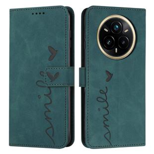 For Realme 14 Pro Skin Feel Heart Embossed Leather Phone Case with Long Lanyard(Green)