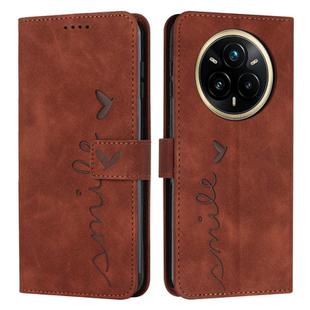 For Realme 14 Pro Skin Feel Heart Embossed Leather Phone Case with Long Lanyard(Brown)