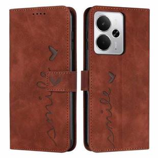 For Realme 14 / P3 5G / 14T 5G Skin Feel Heart Embossed Leather Phone Case with Long Lanyard(Brown)