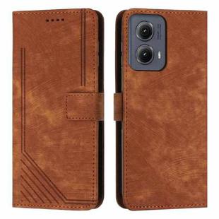 For Motorola Edge 2024 Skin Feel Stripe Pattern Leather Phone Case with Long Lanyard(Brown)