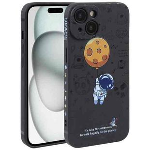 For iPhone 15 Plus Astronaut Pattern Silicone Straight Edge Phone Case(Planet Landing-Black)