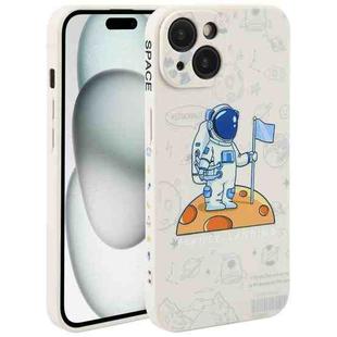 For iPhone 15 Plus Astronaut Pattern Silicone Straight Edge Phone Case(Planet Landing-White)
