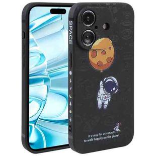 For iPhone 16 Plus Astronaut Pattern Silicone Straight Edge Phone Case(Planet Landing-Black)