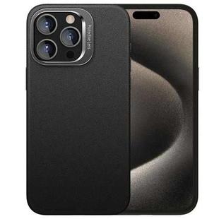 For iPhone 15 Pro PC Hybrid TPU Holder Plain Leather Phone Case(Black)