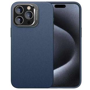 For iPhone 15 Pro Max PC Hybrid TPU Holder Plain Leather Phone Case(Blue)