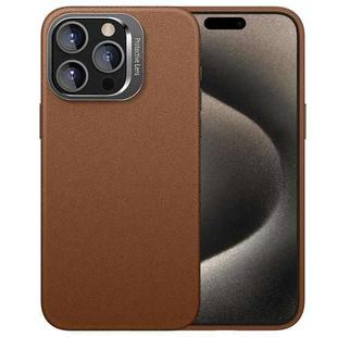 For iPhone 15 Pro Max PC Hybrid TPU Holder Plain Leather Phone Case(Brown)