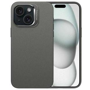 For iPhone 15 PC Hybrid TPU Holder Plain Leather Phone Case(Grey)