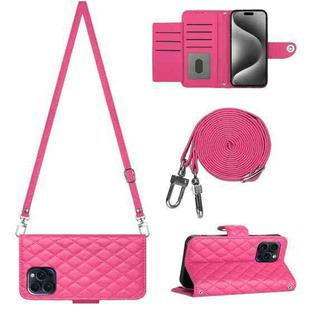 For iPhone 15 Pro Max Rhombic Texture Flip Leather Phone Case with Long Lanyard(Rose Red)