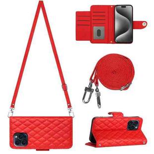 For iPhone 15 Pro Rhombic Texture Flip Leather Phone Case with Long Lanyard(Red)