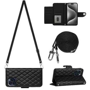 For iPhone 15 Pro Rhombic Texture Flip Leather Phone Case with Long Lanyard(Black)