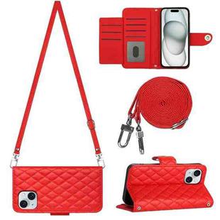 For iPhone 15 Plus Rhombic Texture Flip Leather Phone Case with Long Lanyard(Red)