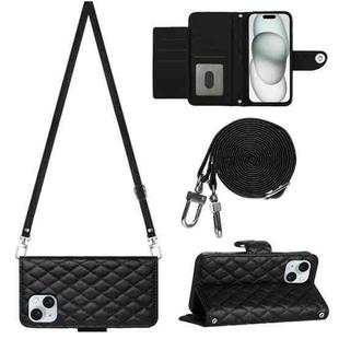 For iPhone 15 Rhombic Texture Flip Leather Phone Case with Long Lanyard(Black)