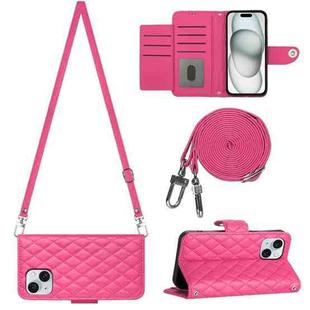 For iPhone 15 Rhombic Texture Flip Leather Phone Case with Long Lanyard(Rose Red)