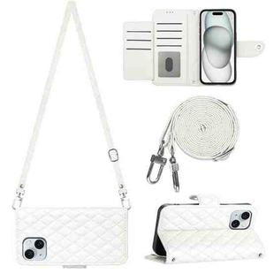 For iPhone 15 Rhombic Texture Flip Leather Phone Case with Long Lanyard(White)