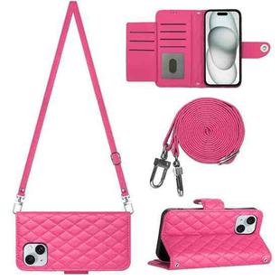 For iPhone 14 Rhombic Texture Flip Leather Phone Case with Long Lanyard(Rose Red)