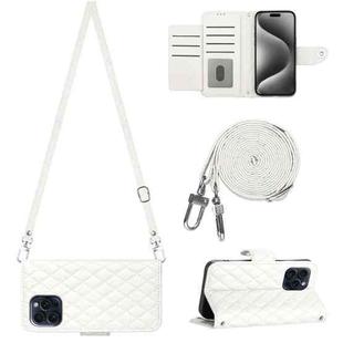 For iPhone 14 Pro Max Rhombic Texture Flip Leather Phone Case with Long Lanyard(White)