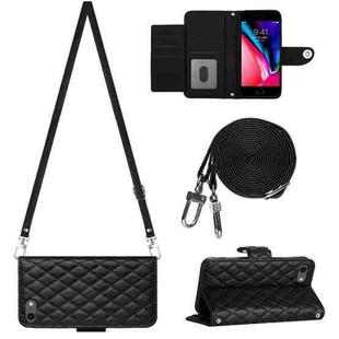 For iPhone SE 2022 / 2020 / 8 / 7 Rhombic Texture Flip Leather Phone Case with Long Lanyard(Black)