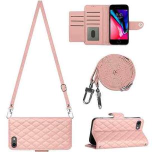 For iPhone SE 2022 / 2020 / 8 / 7 Rhombic Texture Flip Leather Phone Case with Long Lanyard(Coral Pink)