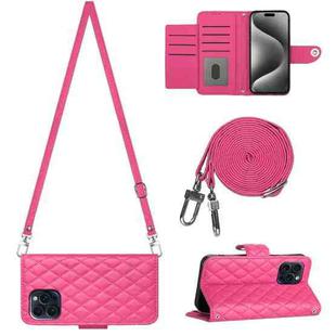 For iPhone 13 Pro Max Rhombic Texture Flip Leather Phone Case with Long Lanyard(Rose Red)