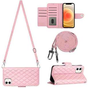 For iPhone 12 / 12 Pro Rhombic Texture Flip Leather Phone Case with Long Lanyard(Pink)