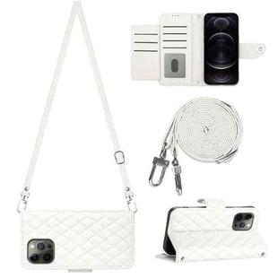 For iPhone 12 Pro Max Rhombic Texture Flip Leather Phone Case with Long Lanyard(White)