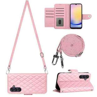 For Samsung Galaxy A15 5G Rhombic Texture Flip Leather Phone Case with Long Lanyard(Pink)