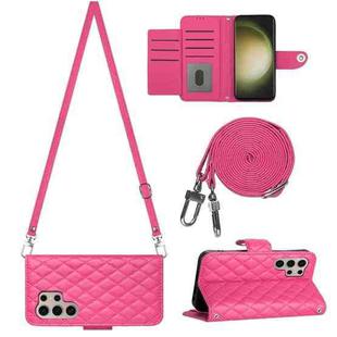 For Samsung Galaxy S24 Ultra 5G Rhombic Texture Flip Leather Phone Case with Long Lanyard(Rose Red)