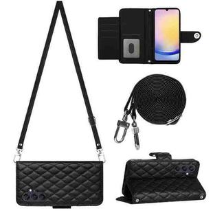 For Samsung Galaxy A25 5G Rhombic Texture Flip Leather Phone Case with Long Lanyard(Black)