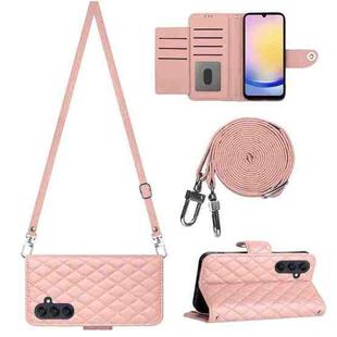 For Samsung Galaxy A25 5G Rhombic Texture Flip Leather Phone Case with Long Lanyard(Coral Pink)