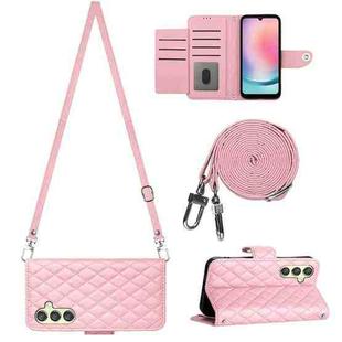 For Samsung Galaxy A24 4G Rhombic Texture Flip Leather Phone Case with Long Lanyard(Pink)
