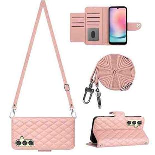 For Samsung Galaxy A34 Rhombic Texture Flip Leather Phone Case with Long Lanyard(Coral Pink)