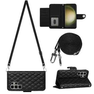 For Samsung Galaxy S23 Ultra 5G Rhombic Texture Flip Leather Phone Case with Long Lanyard(Black)