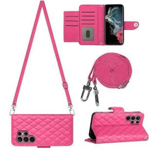 For Samsung Galaxy S22 Ultra 5G Rhombic Texture Flip Leather Phone Case with Long Lanyard(Rose Red)