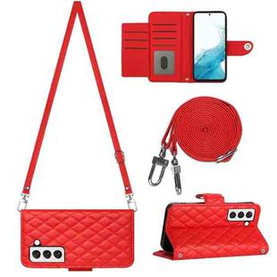 For Samsung Galaxy S22 5G Rhombic Texture Flip Leather Phone Case with Long Lanyard(Red)