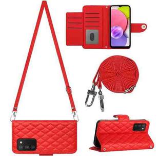 For Samsung Galaxy A03s EU Rhombic Texture Flip Leather Phone Case with Long Lanyard(Red)