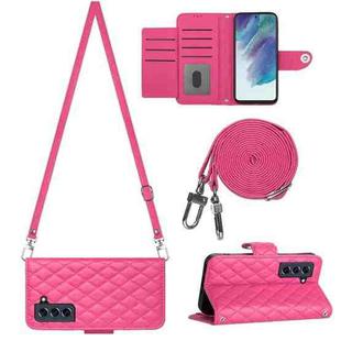 For Samsung Galaxy S21 FE 5G Rhombic Texture Flip Leather Phone Case with Long Lanyard(Rose Red)