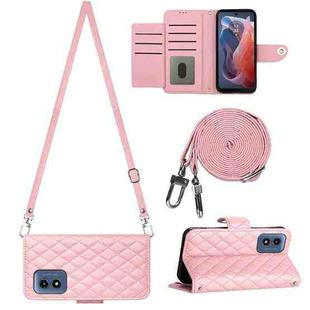 For Motorola Moto G Play 4G 2024 Rhombic Texture Flip Leather Phone Case with Long Lanyard(Pink)