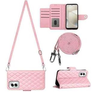 For Motorola Moto G Power 5G 2024 Rhombic Texture Flip Leather Phone Case with Long Lanyard(Pink)