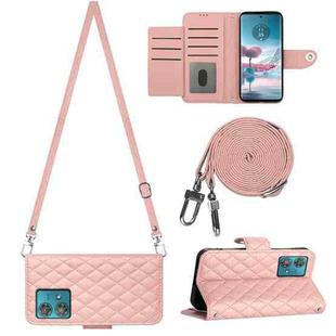 For Motorola Edge 40 Neo Rhombic Texture Flip Leather Phone Case with Long Lanyard(Coral Pink)