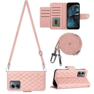 For Motorola Moto G14 Rhombic Texture Flip Leather Phone Case with Long Lanyard(Coral Pink)