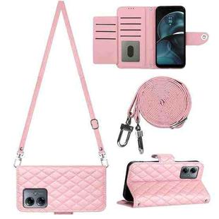 For Motorola Moto G14 Rhombic Texture Flip Leather Phone Case with Long Lanyard(Pink)