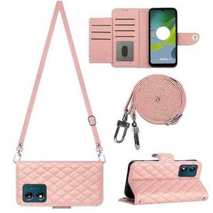 For Motorola Moto E13 Rhombic Texture Flip Leather Phone Case with Long Lanyard(Coral Pink)